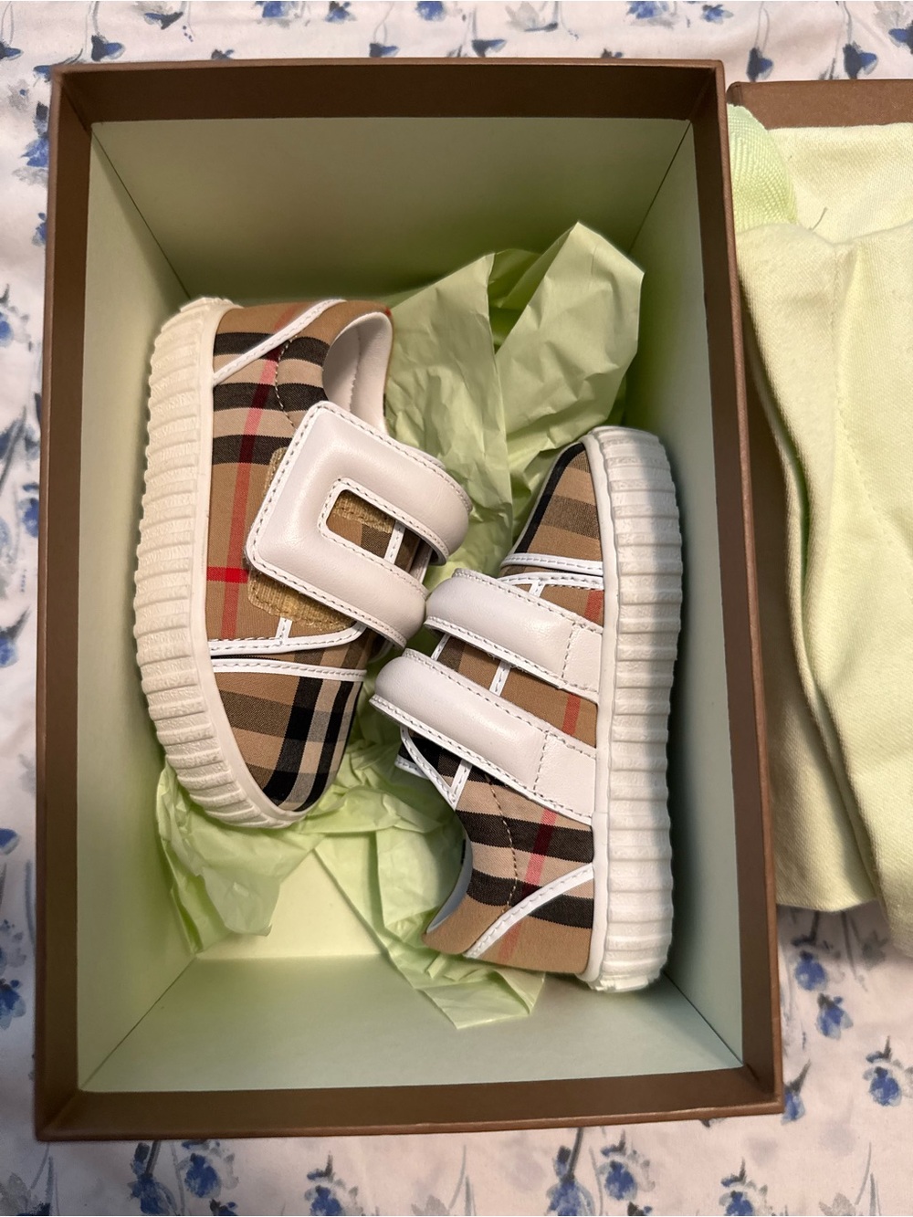 Burberry Kids Plaid Velcro Sneakers in Beige, Black, Red and White